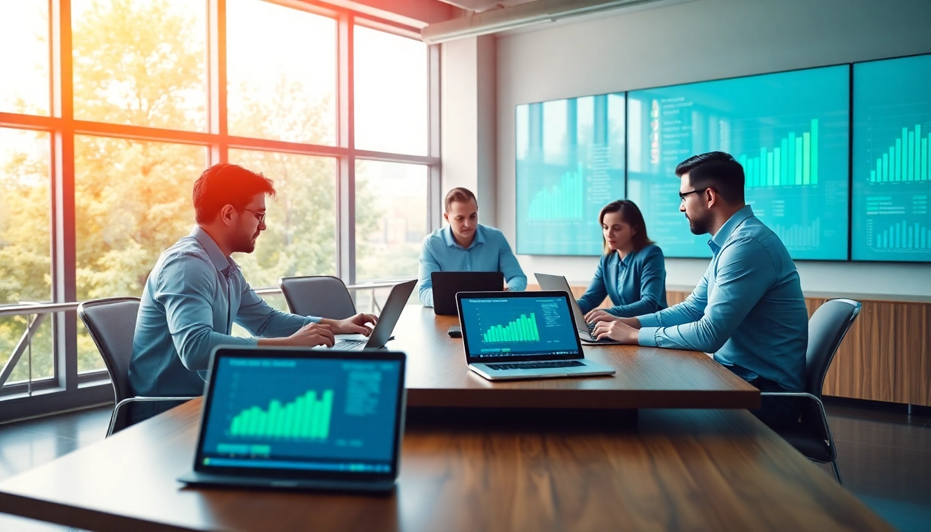 Data analysts engaging with AI for competitor analysis insights in a modern workspace.