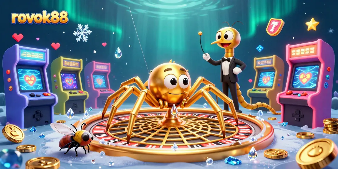 rokok88 showcases a cartoon spider and centipede at a lively casino roulette wheel scene.