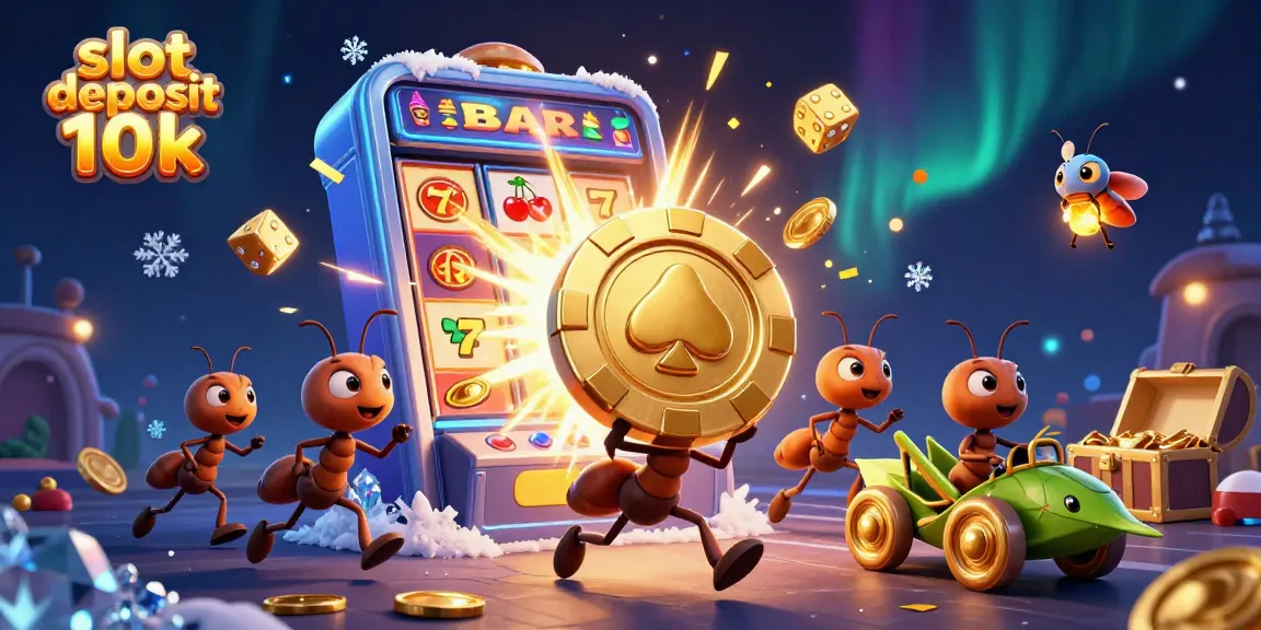 Experience thrilling action with a slot deposit 10k as ants steal a giant poker chip in a vibrant casino scene.