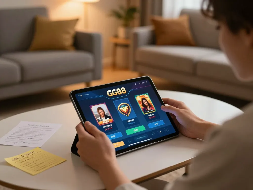 Experience GG88 đăng nhập with a cozy home gaming setup showcasing online gambling on tablet.