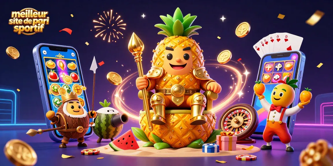 Image captivante illustrant le meilleur site de pari sportif, avec un roi ananas et une ambiance festive.