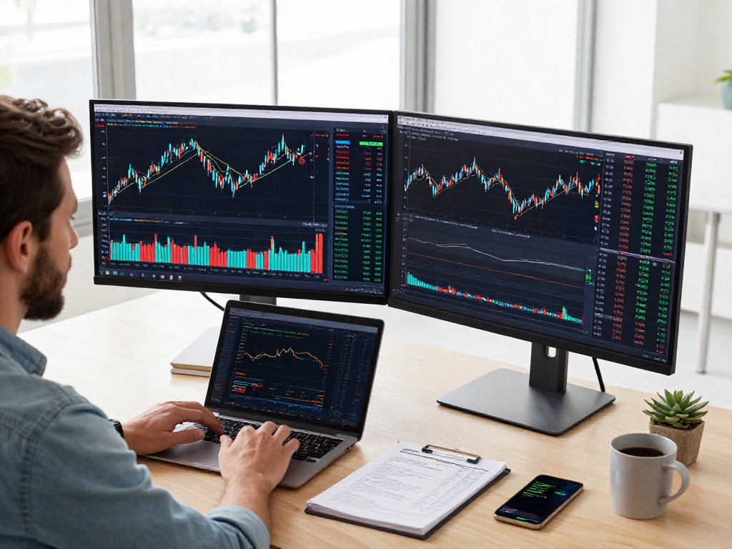 TradingView charts on dual monitors in a modern trading workspace, highlighting financial analysis tools and market data.