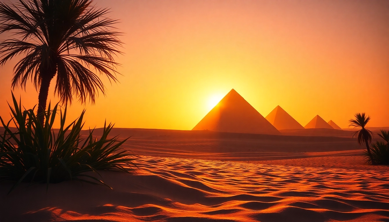 Pyraminds towering majestically against a sunset backdrop, symbolizing ancient Egyptian heritage.