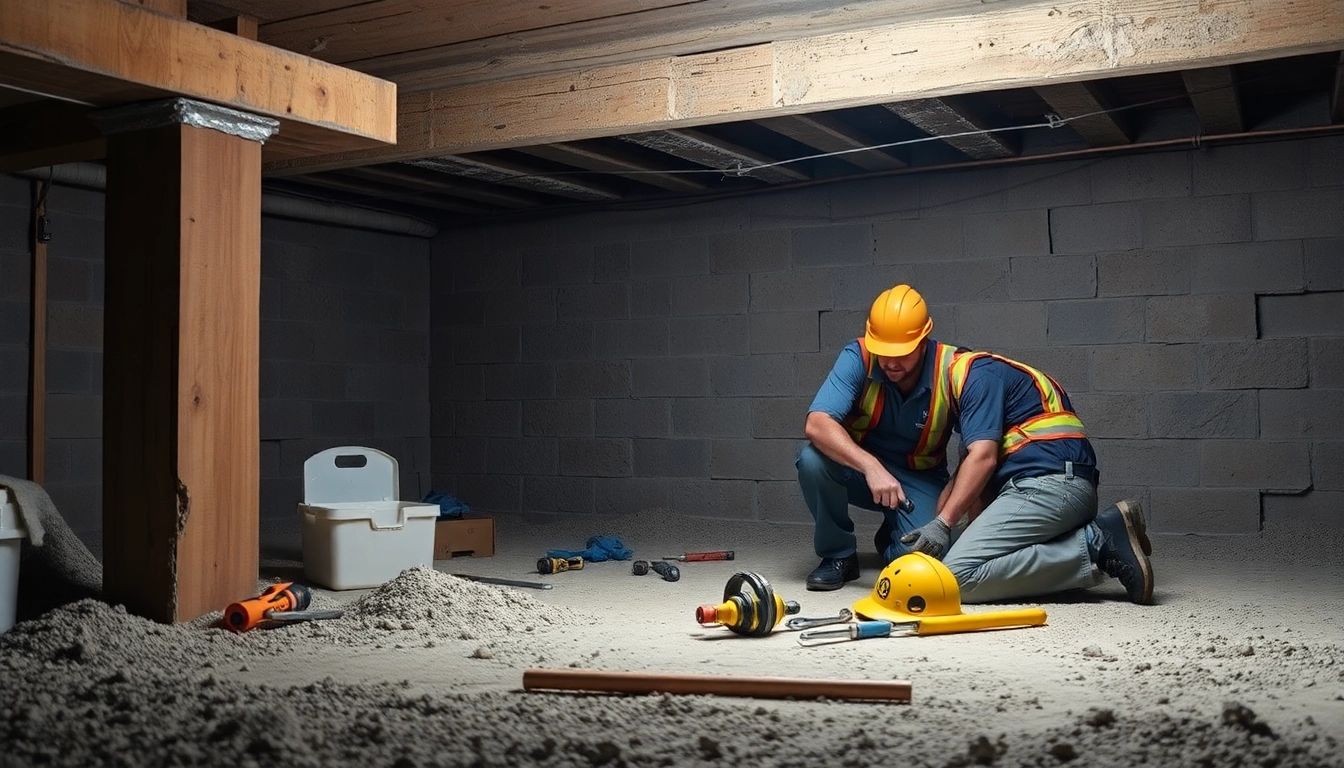 Crawl Space Restoration process with professionals assessing structural integrity in a basement.