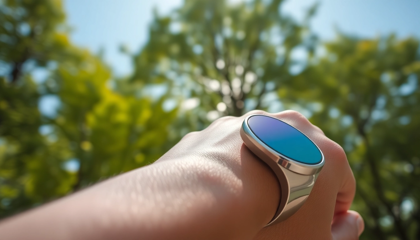 Health Ring showcasing its advanced features in a serene outdoor setting.
