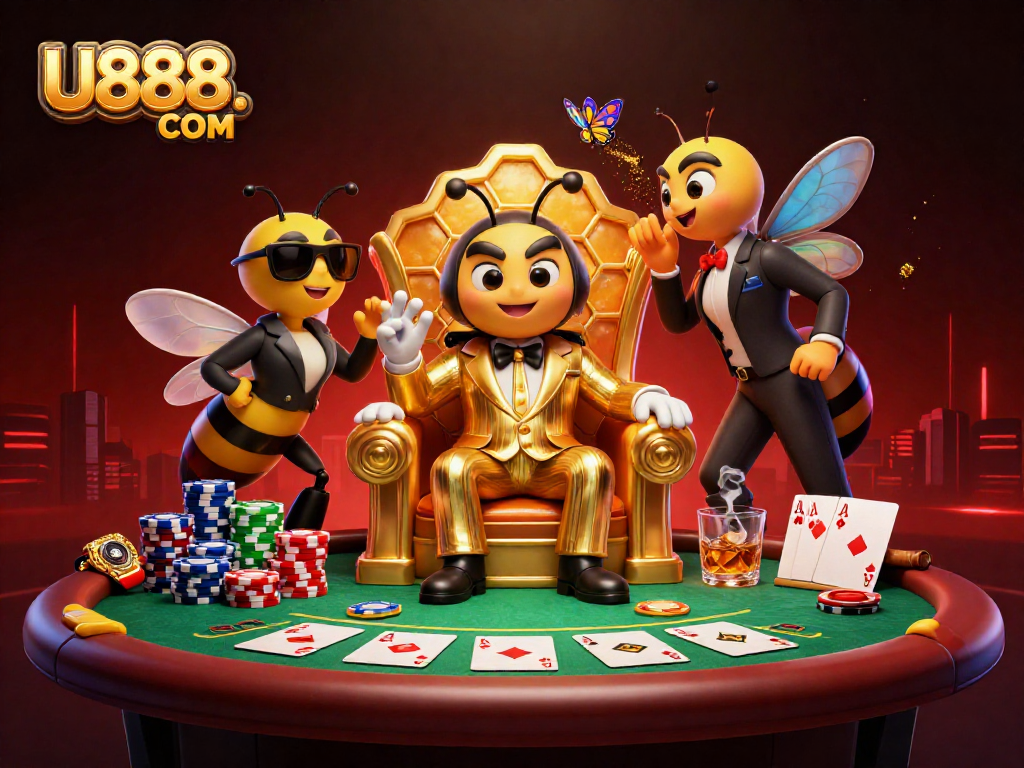Join the thrilling action at U888. COM with an illustrative 3D scene of a bumblebee mob boss and poker excitement.