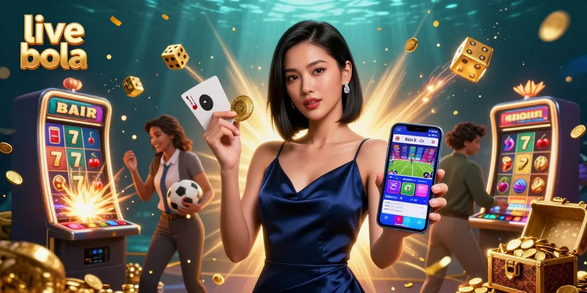 Experience live bola action with a stunning Asian woman interacting with a casino app amidst dynamic gaming elements.