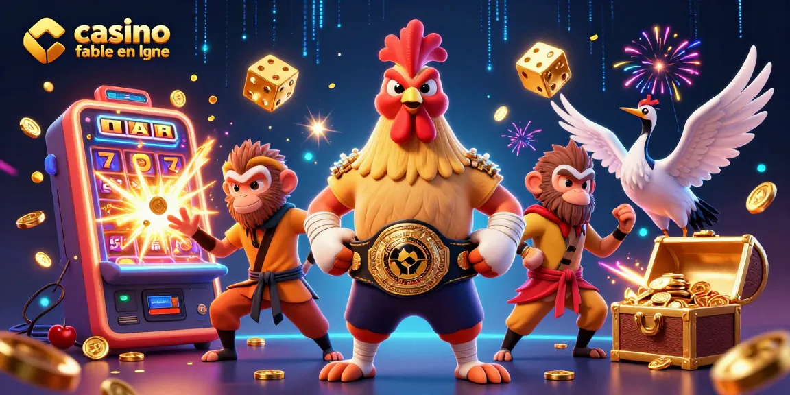 Découvrez un casino fiable en ligne avec un coq Muay Thai combattant et un singe artiste martiaux.