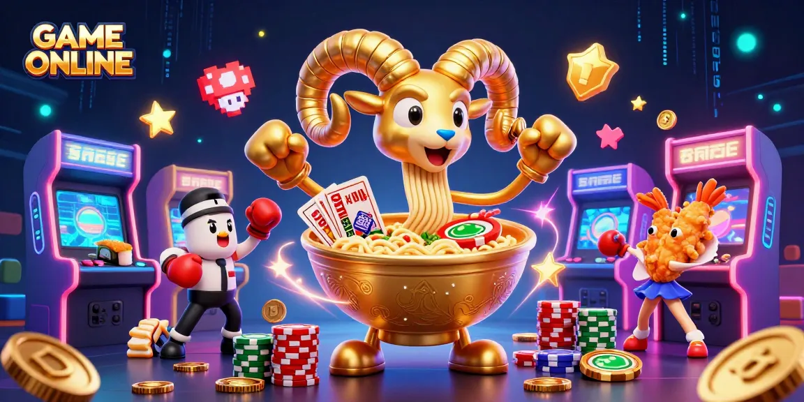 Engage in thrilling GAME ONLINE action with a giant ramen bowl dealer amidst vibrant gaming elements.