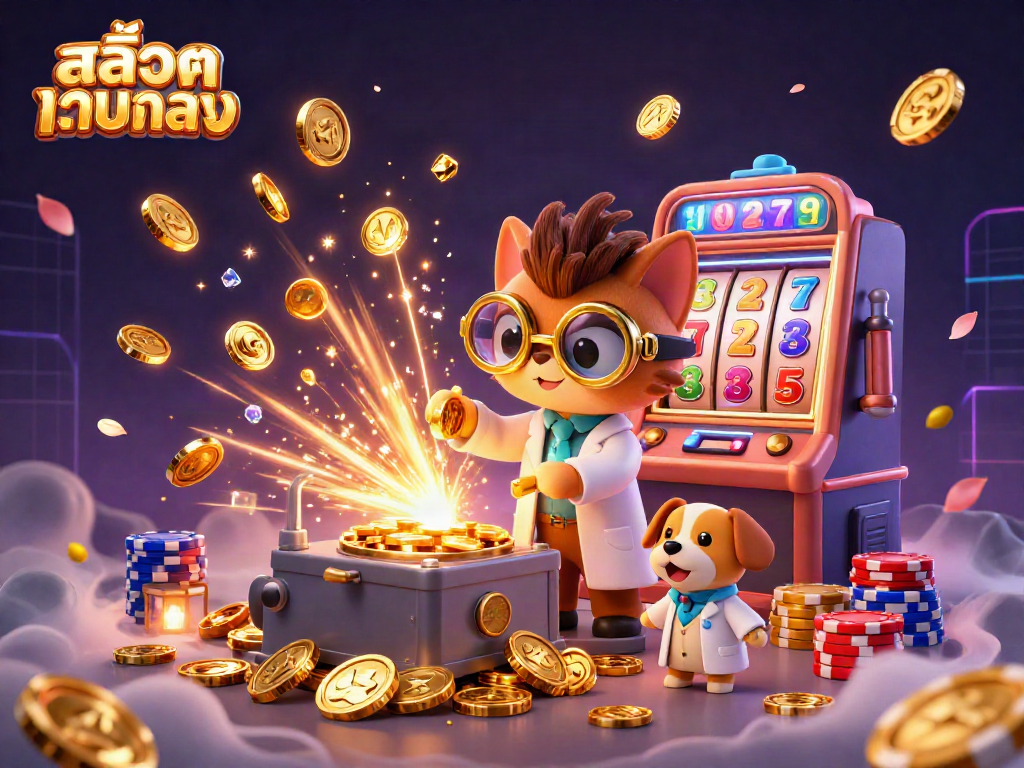 Engage with สล็อตเว็บตรง while exploring a lively scene of a mad scientist cat and dog creating gold coins surrounded by spinning slot machines and vibrant jackpot counters.