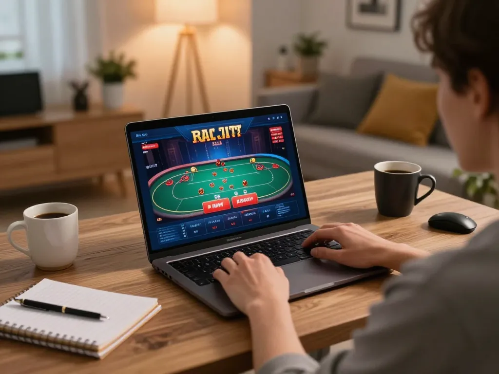Nohu gaming experience with a player focused on online poker gameplay using a stylish laptop in a cozy setting