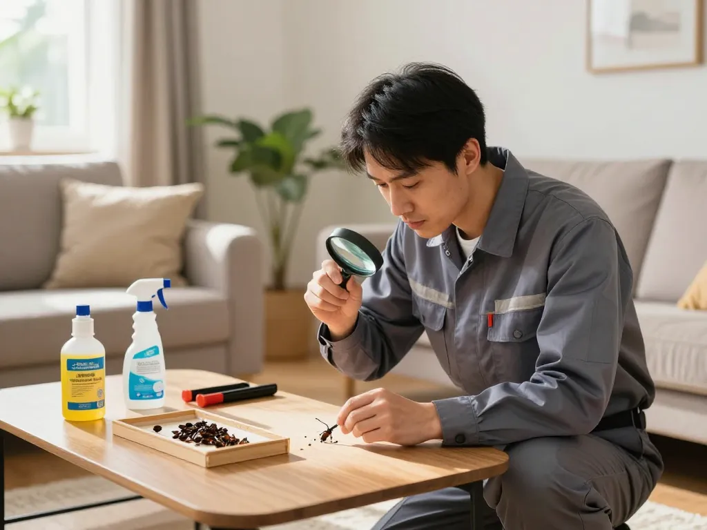 Pest control guide showing a professional inspecting a living room for bed bugs with traps and sprays in view.