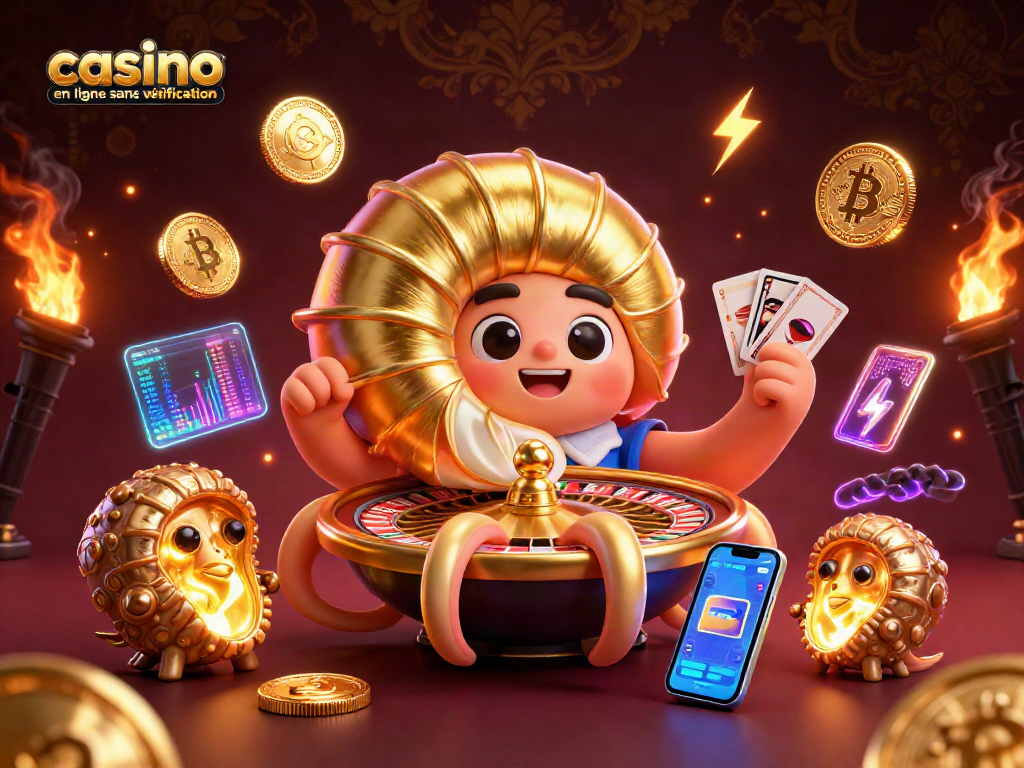 Jouer dans un casino en ligne sans vérification, avec un nautilus géant connectant jeux et crypto-monnaies.