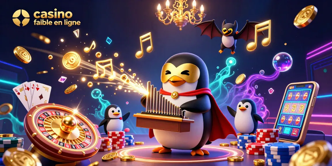 Découvrez un casino fiable en ligne avec un pingouin jouant de l'orgue, entouré de pièces d'or.