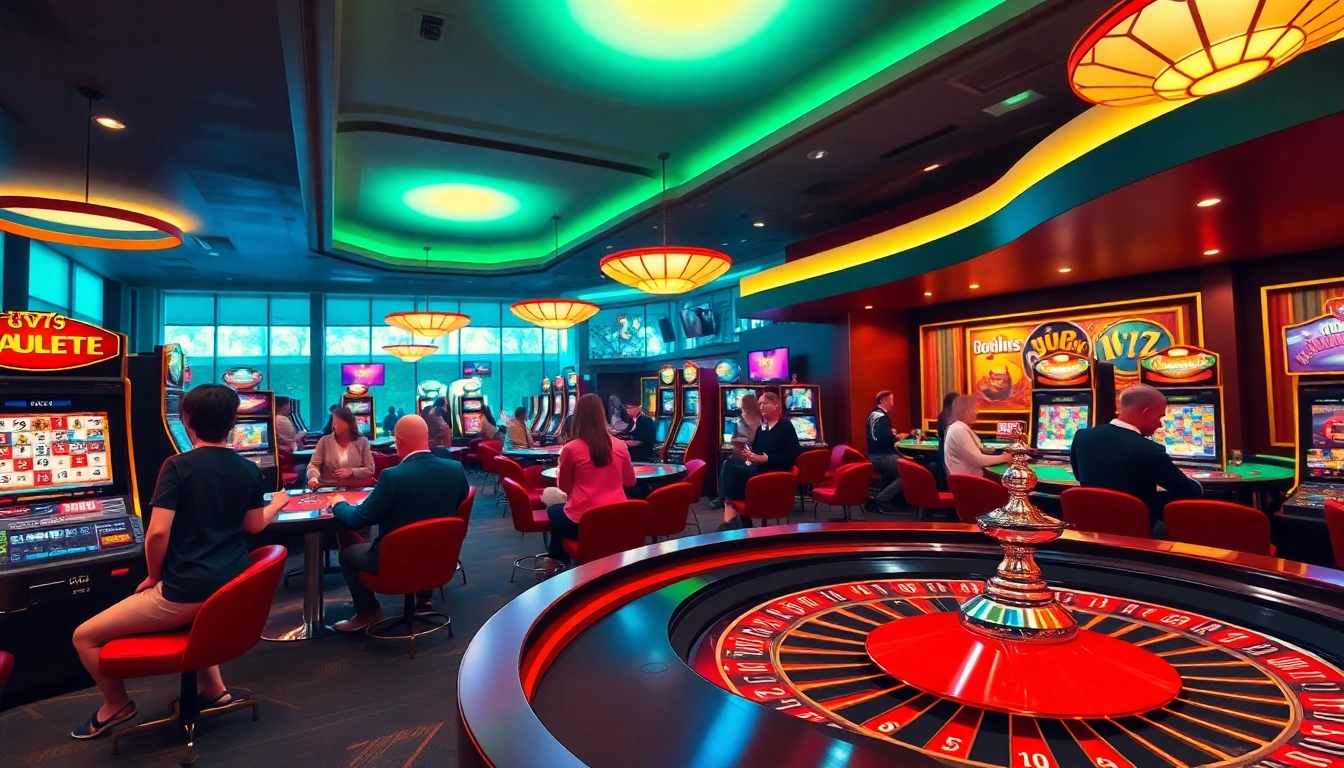 Players enjoying various games at a lively non gamstop Casino Uk atmosphere with vibrant decor.