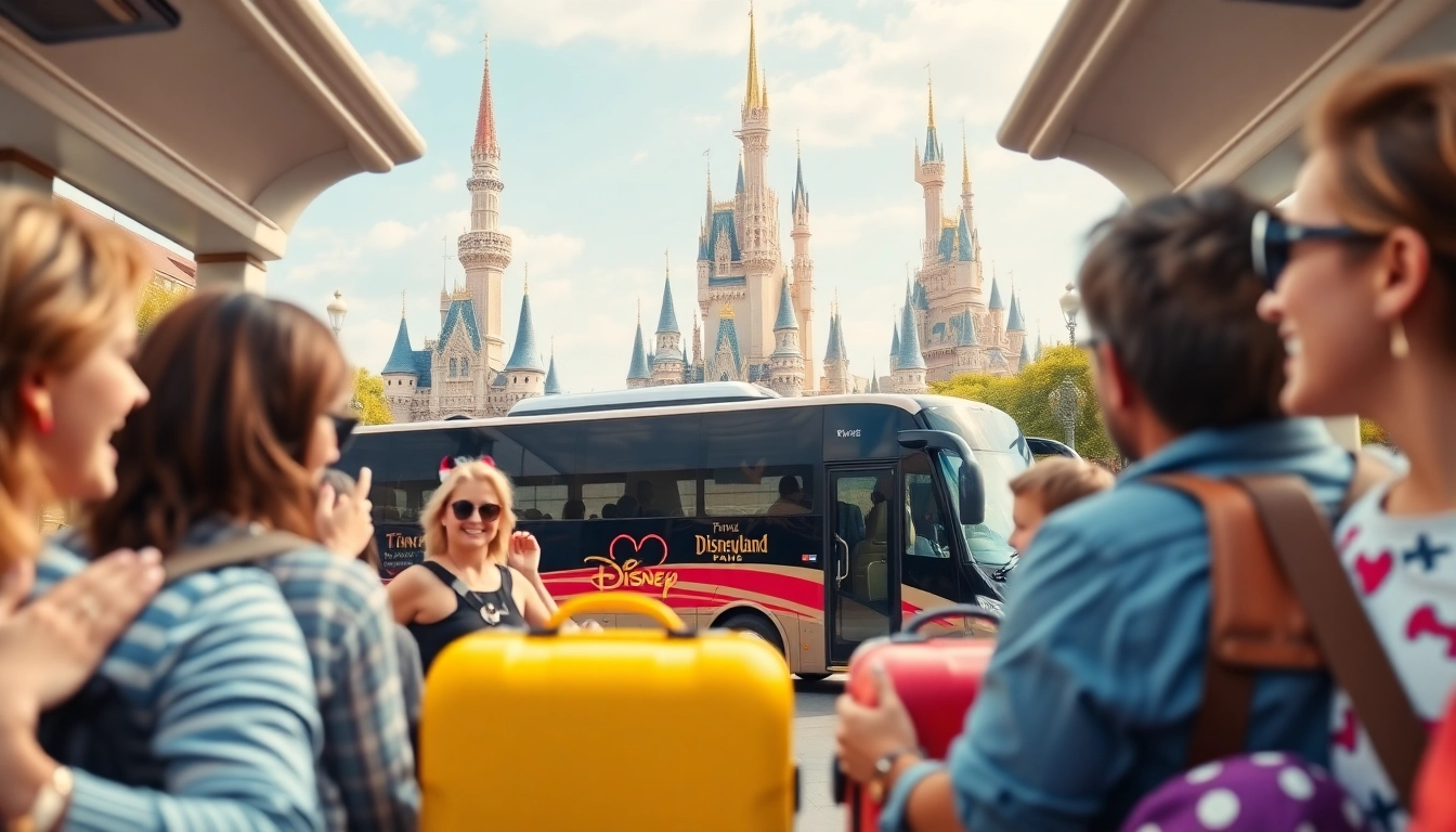 Experience Disneyland Paris airport transfer services with a luxurious shuttle bus and happy travelers.