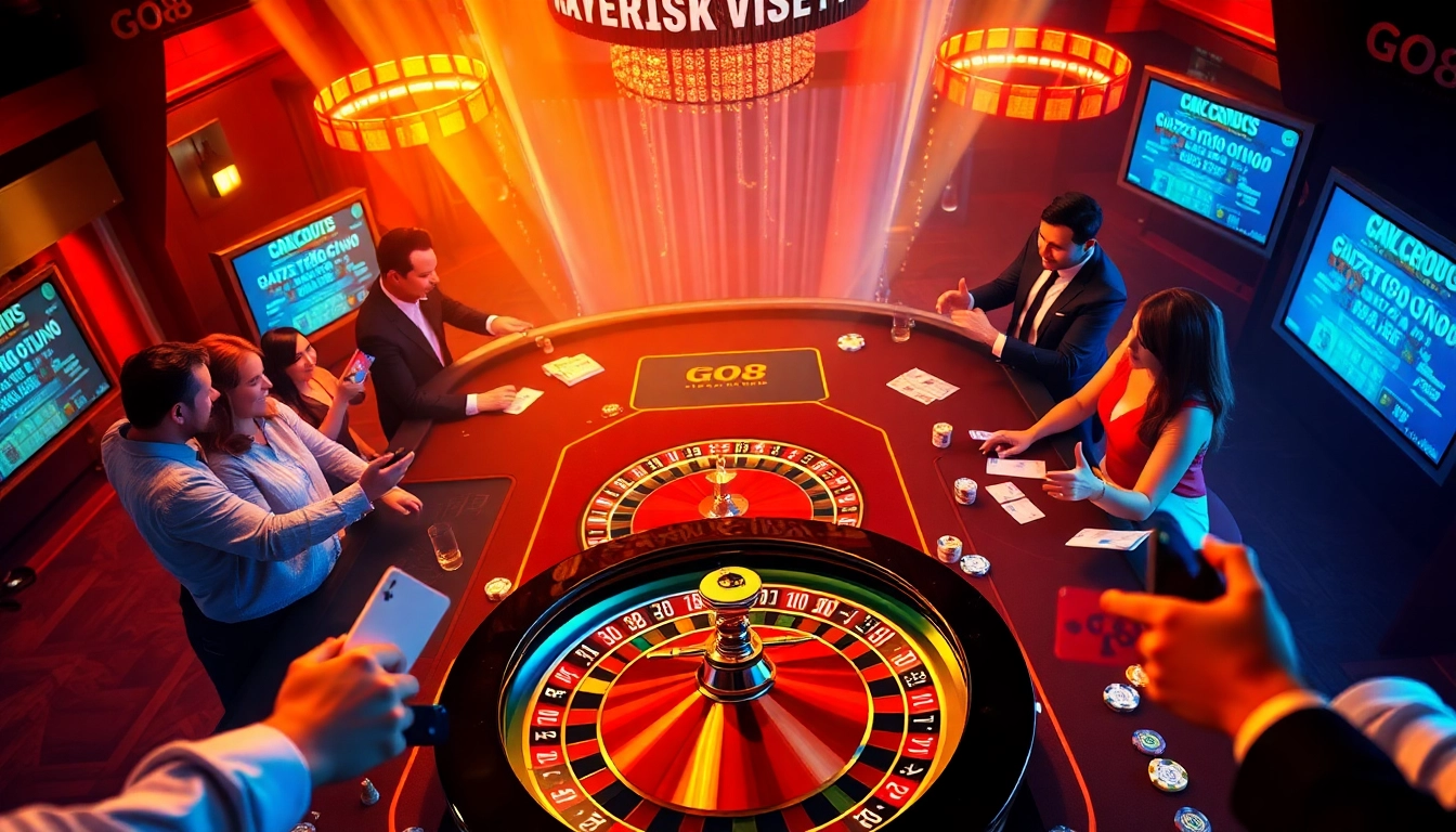 Excited players enjoying a high-stakes game at the GO8 casino table, showcasing vibrant casino elements.