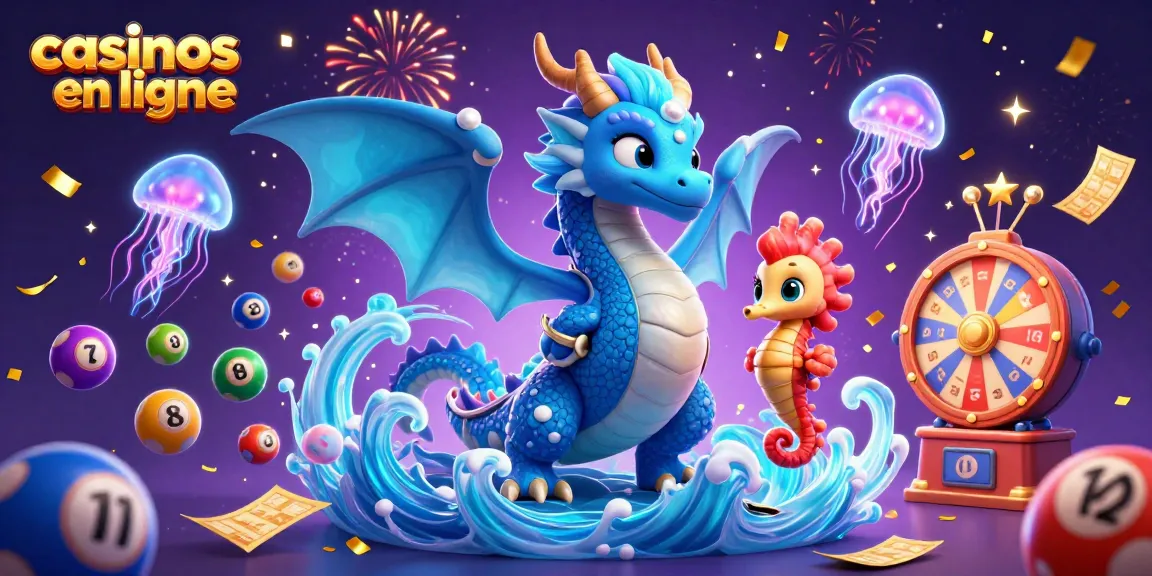 Jouez aux casinos en ligne avec cette illustration captivante représentant un dragon aquatique et des poissons lumineux.