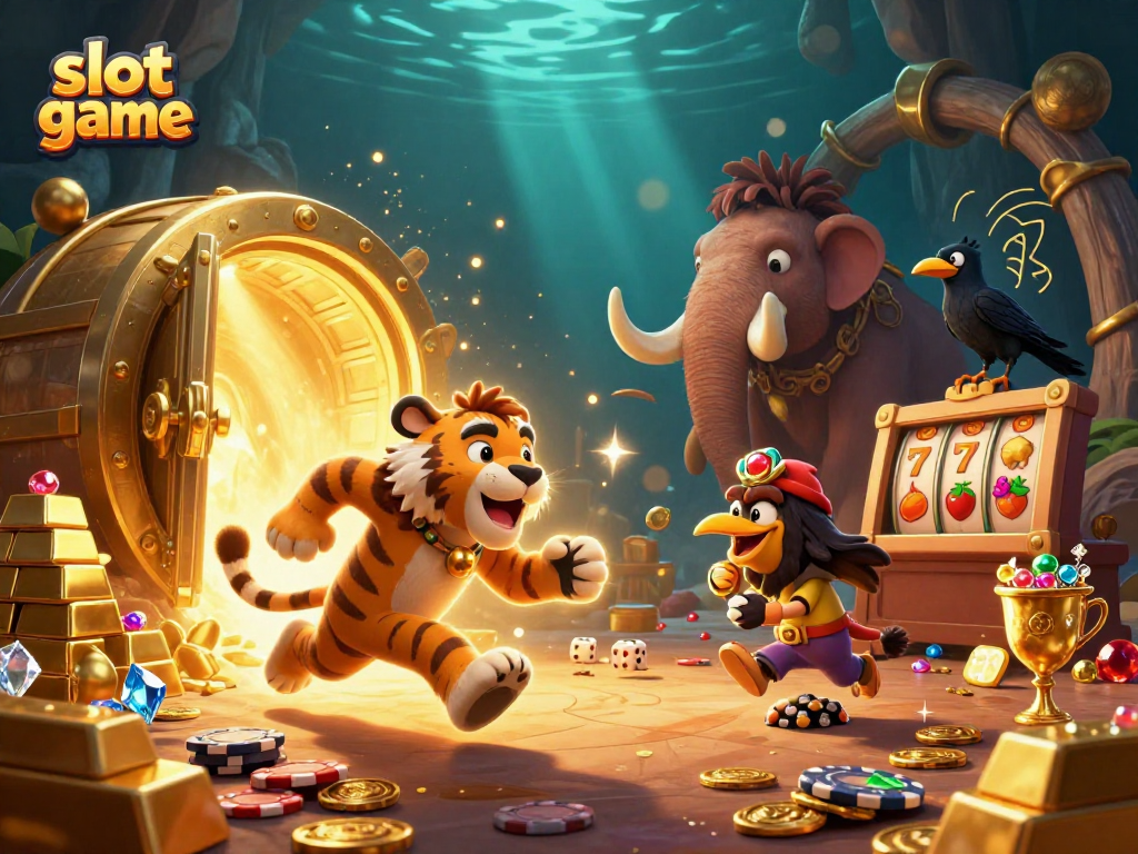 Engage in an exciting slot game experience featuring cavemen and a sabertooth tiger in a prehistoric casino setting.