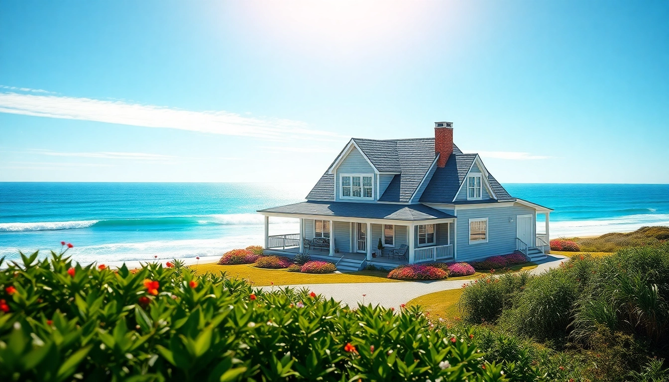 Cape Cod home with an attached garage surrounded by lush landscaping near a beach.