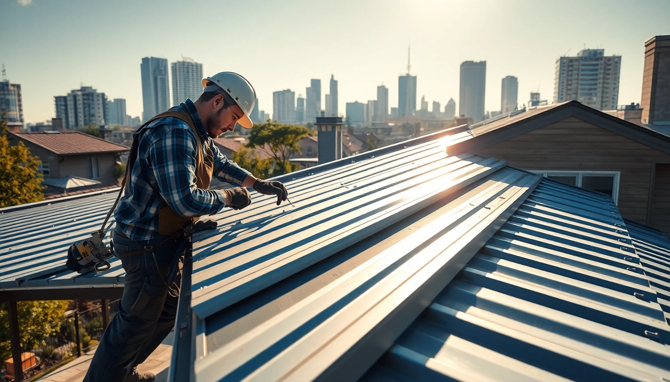 Showcasing expert installation of metal roofing toronto with skilled worker applying panels on a modern home.