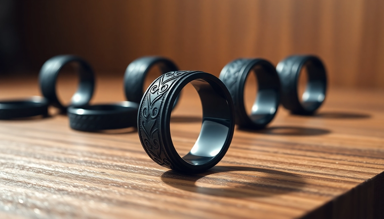 Stunning Black Zirconium Rings showcased beautifully with intricate designs under warm lighting.