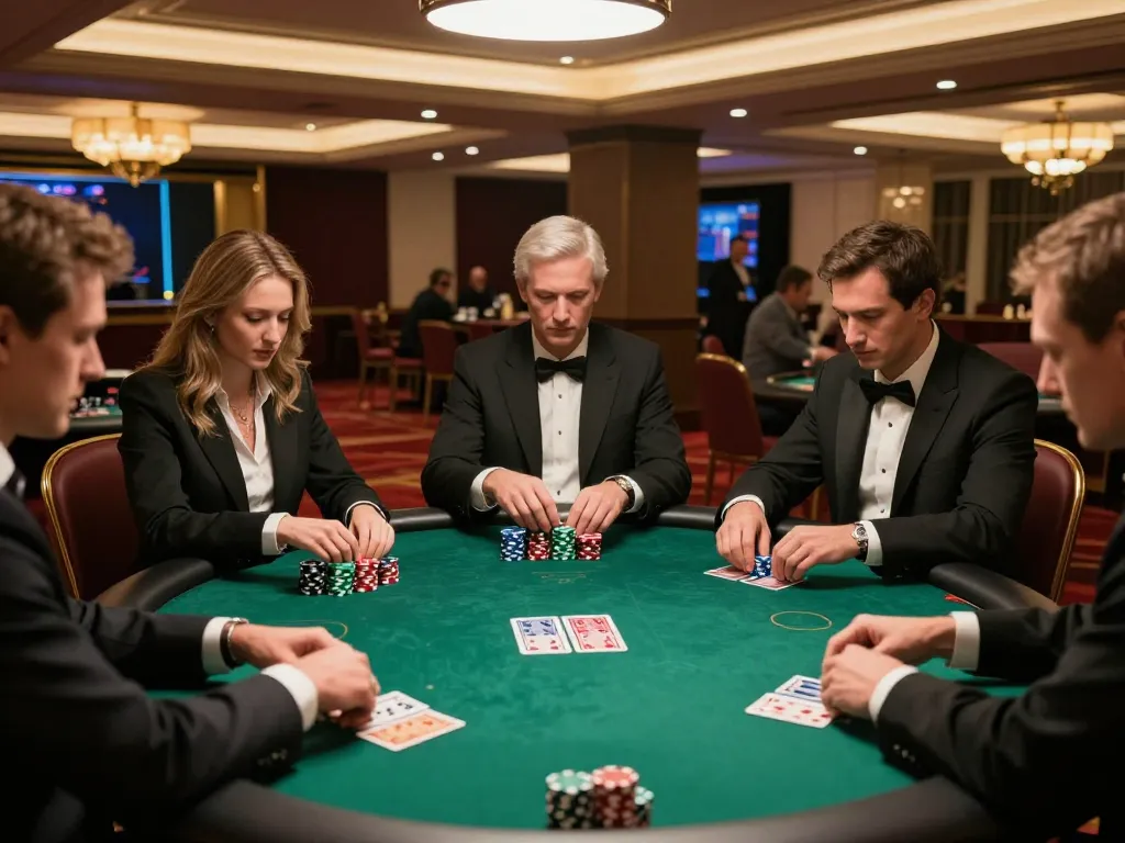 rr88c players engaged in high-stakes poker at an upscale casino table, showcasing strategic gameplay.