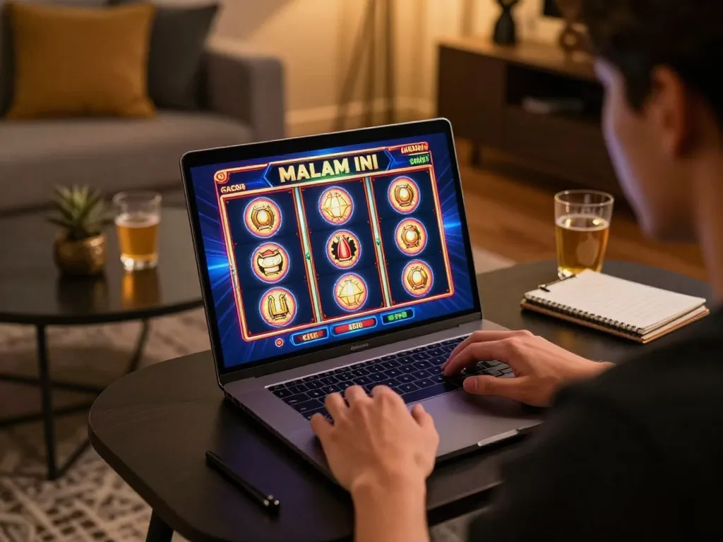Player enjoying slot gacor malam ini on a laptop surrounded by strategic notes in a cozy home setting.
