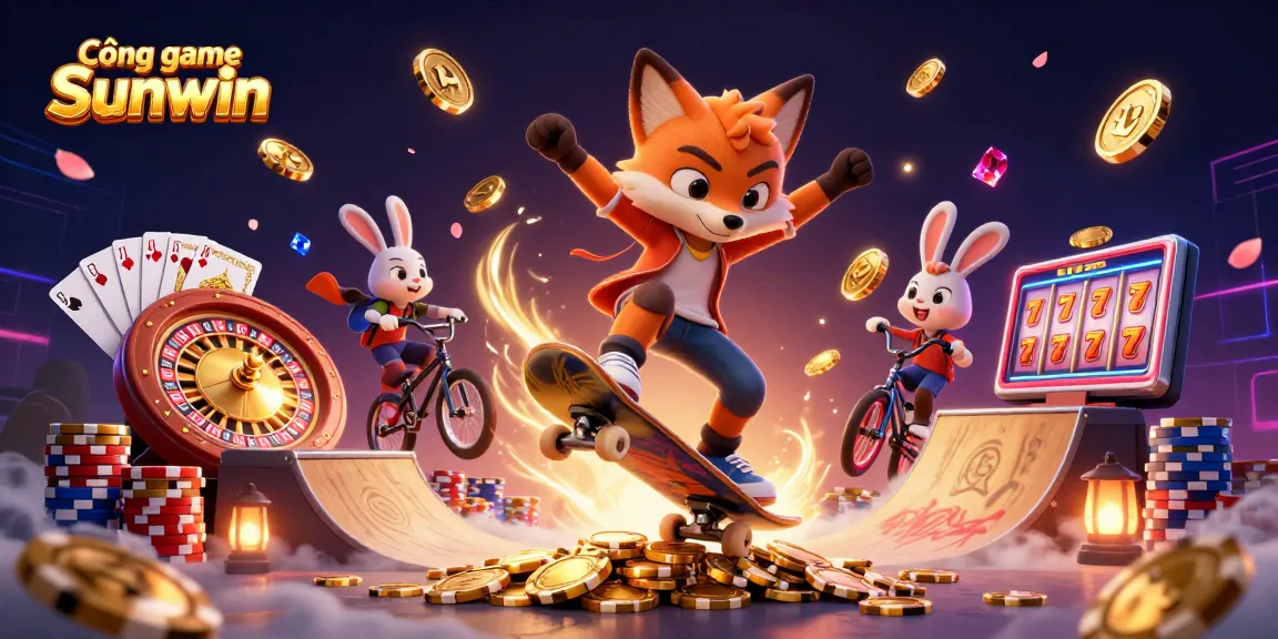 Cổng game Sunwin showcases an exciting scene with a skateboarder fox and a BMX-riding rabbit amidst vibrant casino elements.