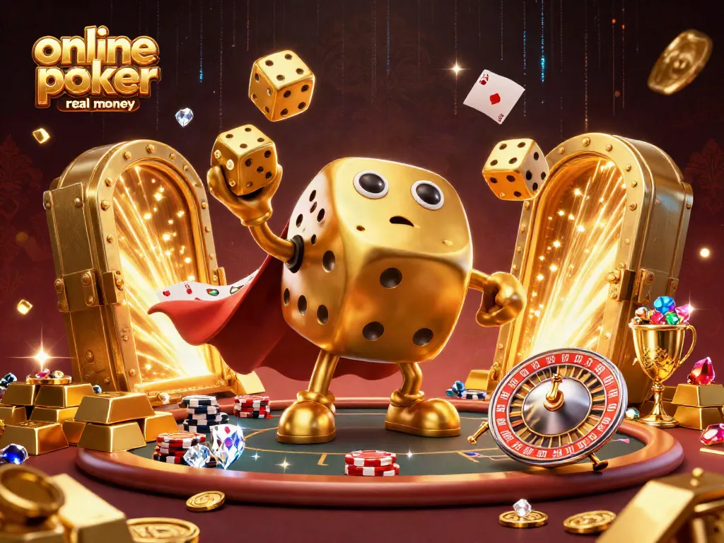 Experience online poker real money Singapore with the playful golden dice golem and vibrant casino treasures.