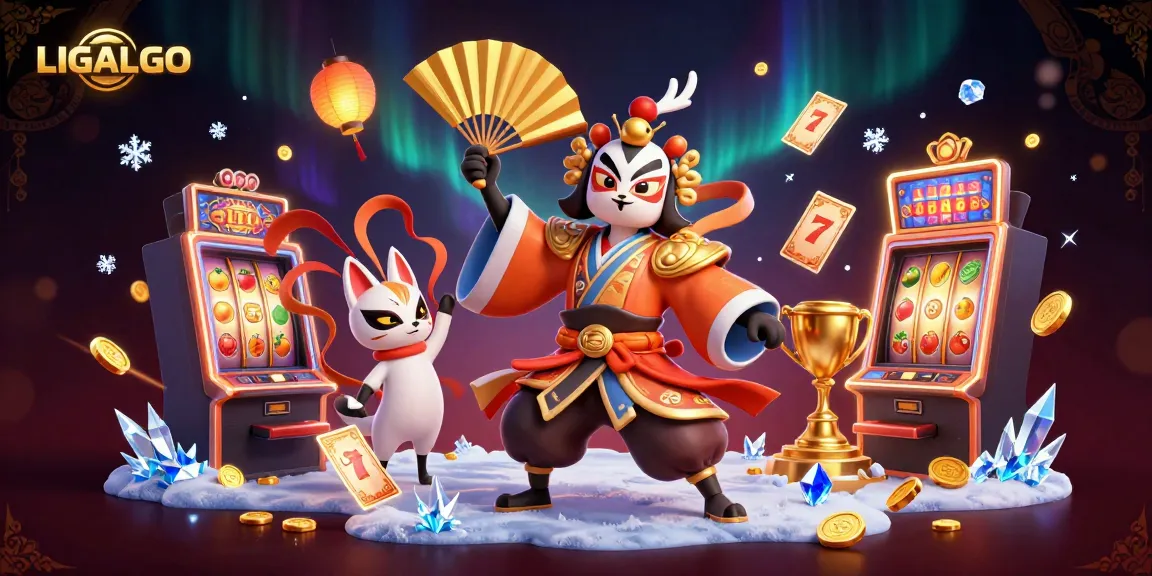 Experience the thrill of LIGALGO with dynamic slot reels, kabuki characters, and vibrant game elements.