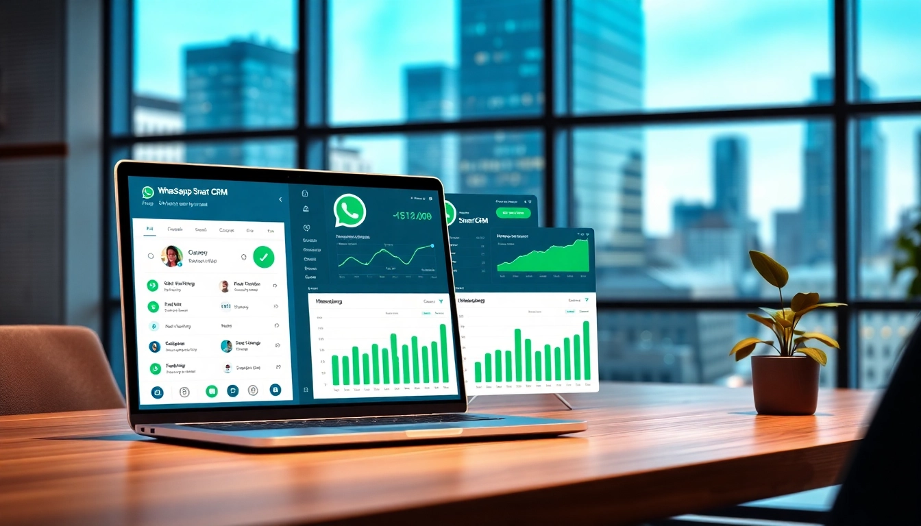 Engaging visualization of WhatsApp Smart CRM interface in a modern office setup.