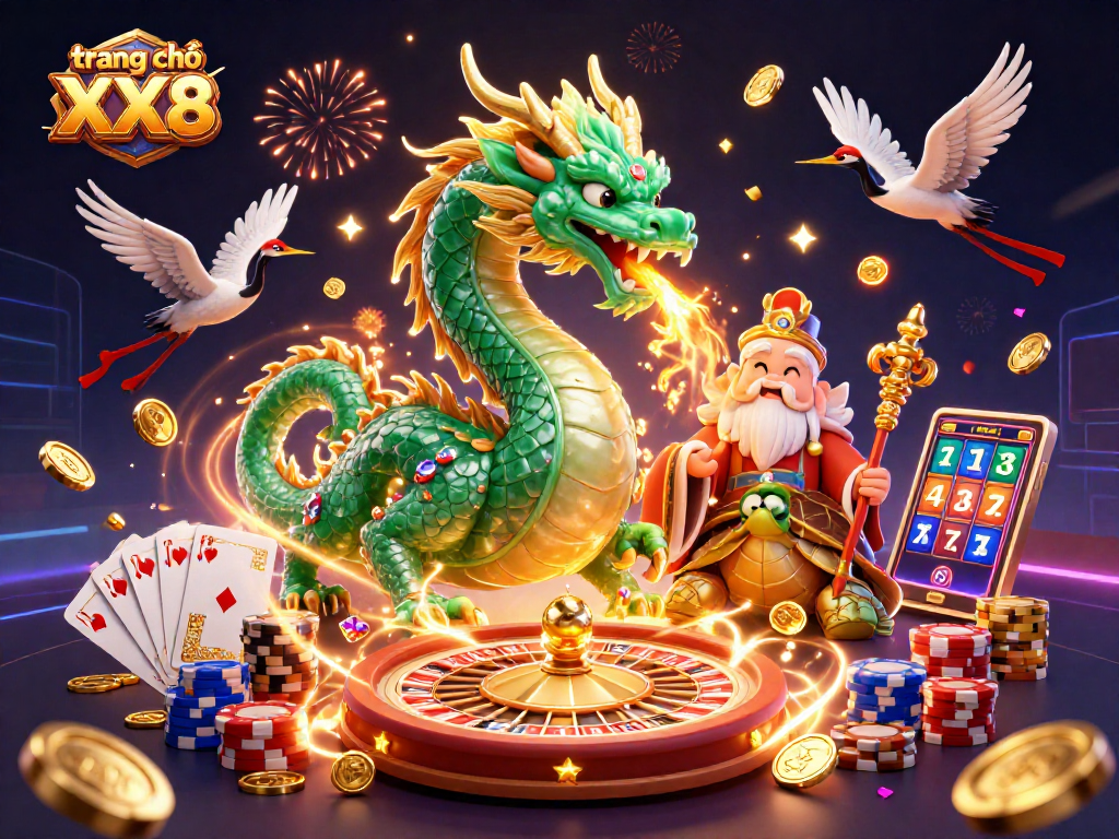 Engage in thrilling gameplay at trang chủ XX8, featuring an enchanting dragon and a turtle sage in a vibrant casino scene.
