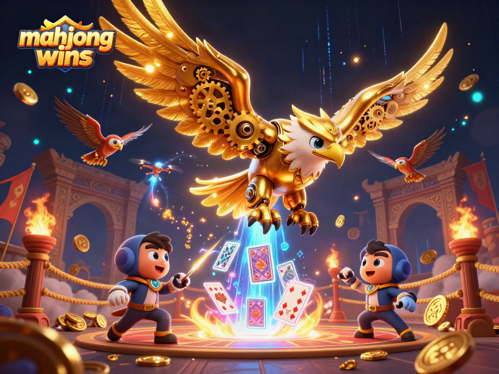 Capture mahjong wins with a dynamic scene of a golden eagle and holographic cards in a casino setting.