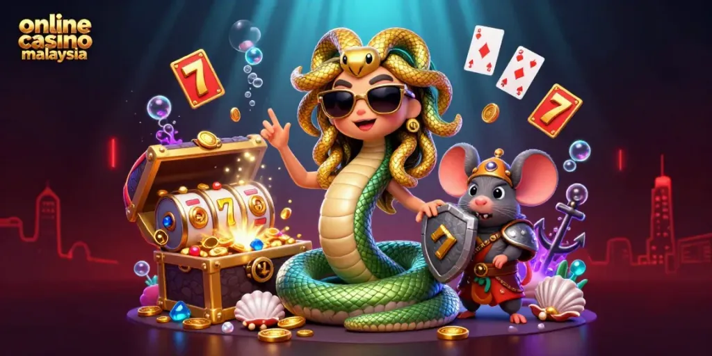 Experience the excitement of online casino Malaysia with cheerful Medusa and warrior mouse in a vibrant 3D scene.
