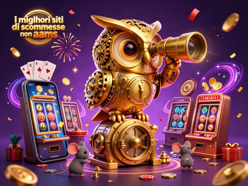 I migliori siti di scommesse non AAMS mostrano un'illustrazione vivace di un gufo d'oro in un casinò, accompagnato da topolini tra le slot.