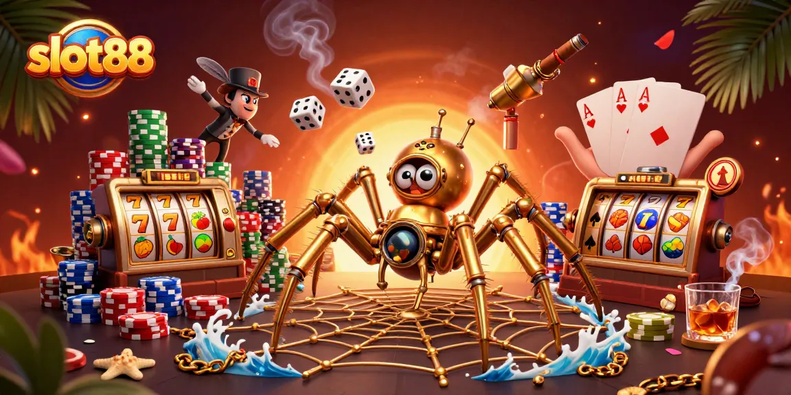 Engage with slot88's captivating world through vivid illustrations showcasing thrilling slot symbols and casino elements.