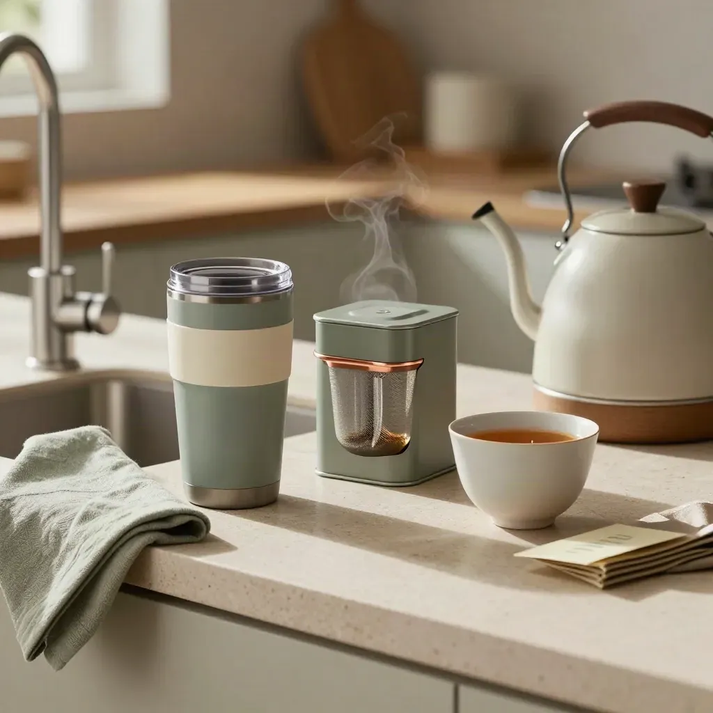 Tea starter set beside a kettle as steam rises on a pale stone kitchen sill.