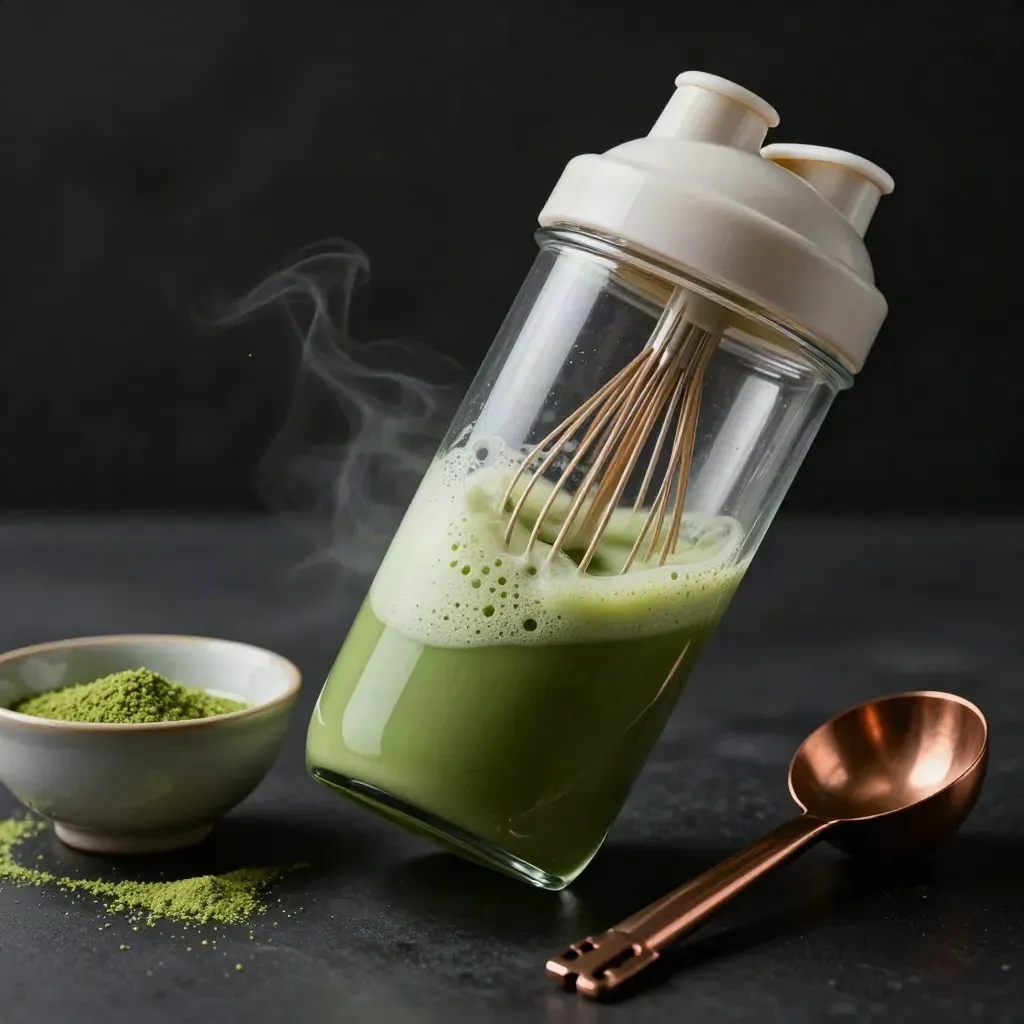 Clear matcha shaker bottle with froth, whisk, bowl and scoop in dark dramatic studio