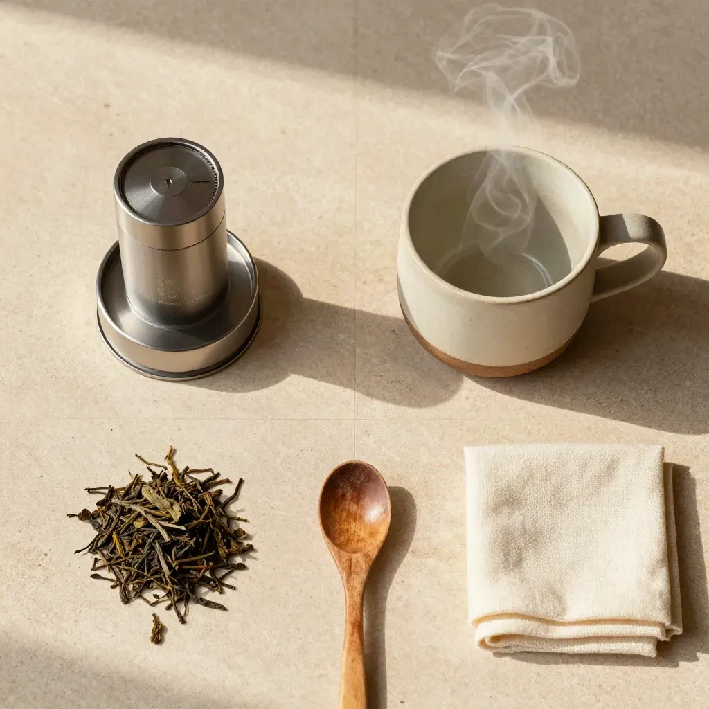 Overhead tea infuser, mug, loose leaves and spoon on pale stone with steam