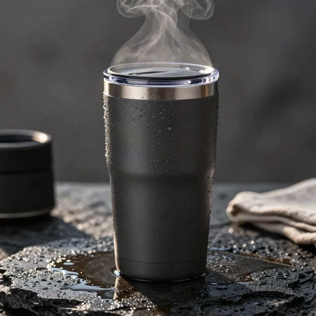 Matte tea tumbler beaded with condensation on wet basalt, steam rising in close-up.
