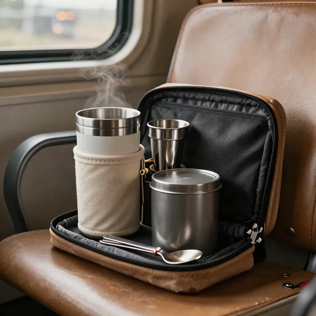 Open commuter tea kit with mug, infuser, tin and spoon on a leather station bench.