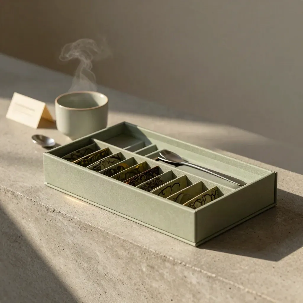 Open tea box with cup and spoon on a concrete credenza, soft steam, calm sage accents