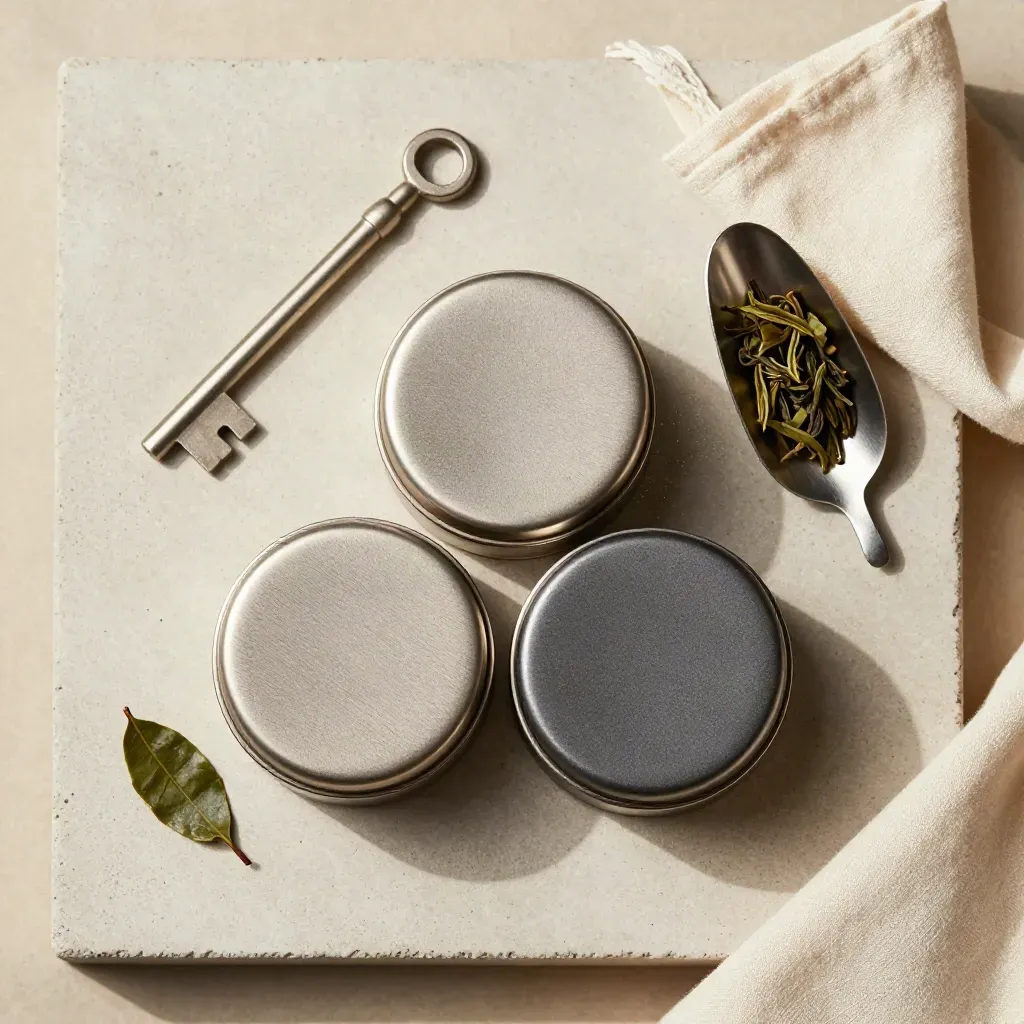 Overhead flatlay of three tea tins, loose leaves and a scoop on cream concrete.