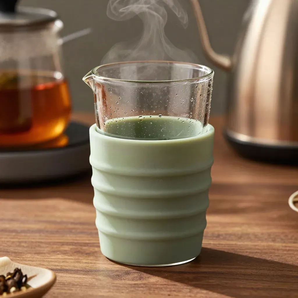 Sage silicone cup sleeve wrapped around a condensation-covered tumbler in macro