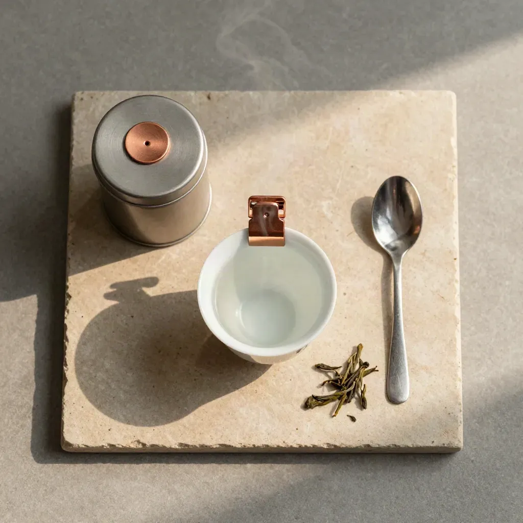 Overhead tea timer clip on a cup rim beside a tin and spoon with steam on stone.