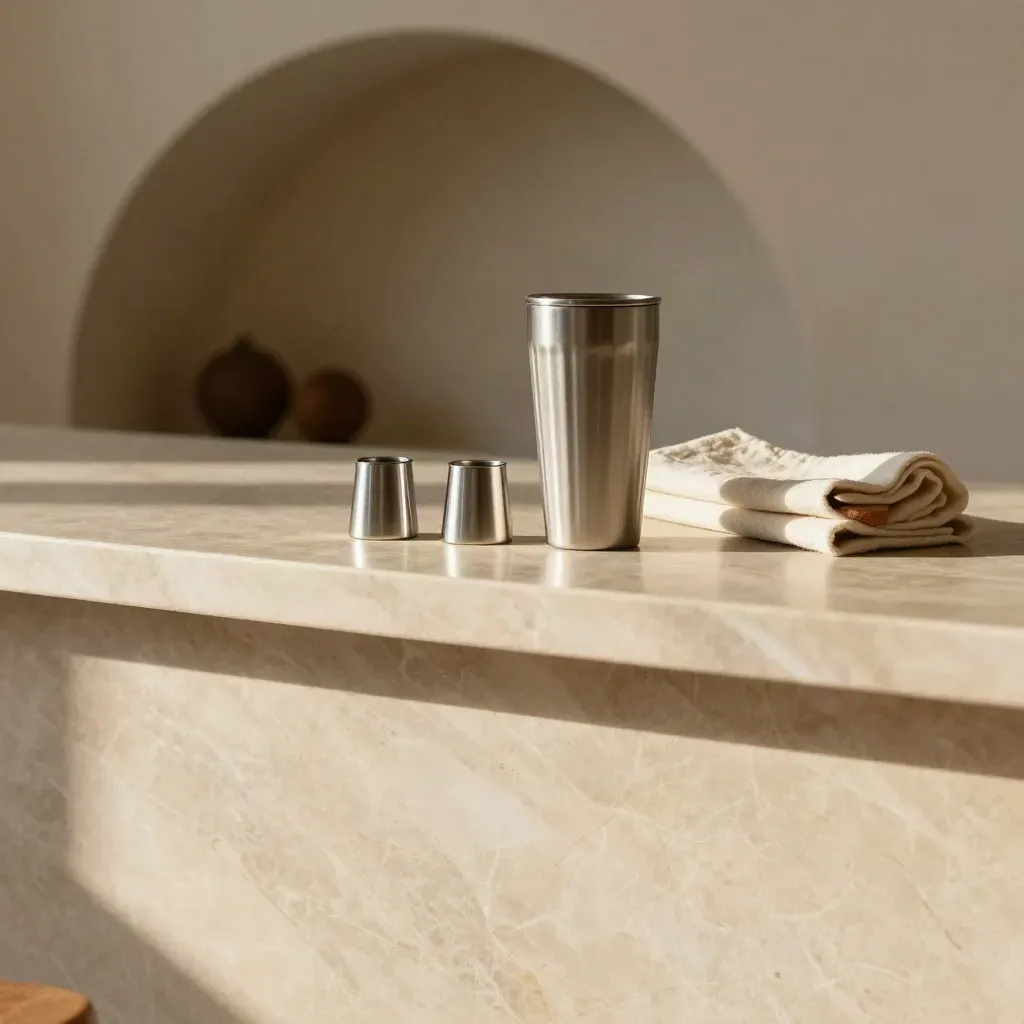 Sunlit marble tea-room counter with travel infusers under a plaster arch and calm copy space.