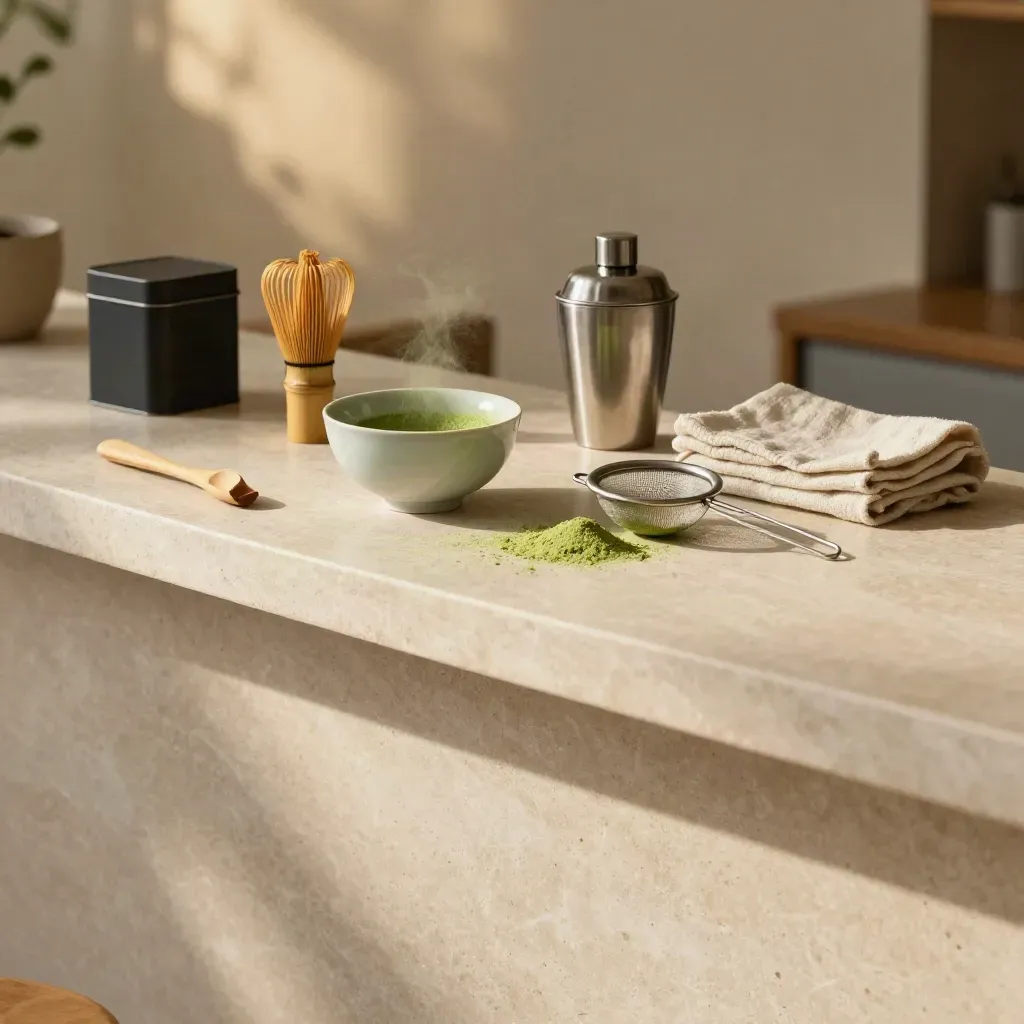 Matcha bowl, whisk, shaker and sieve on a sunlit stone counter with calm open space below.