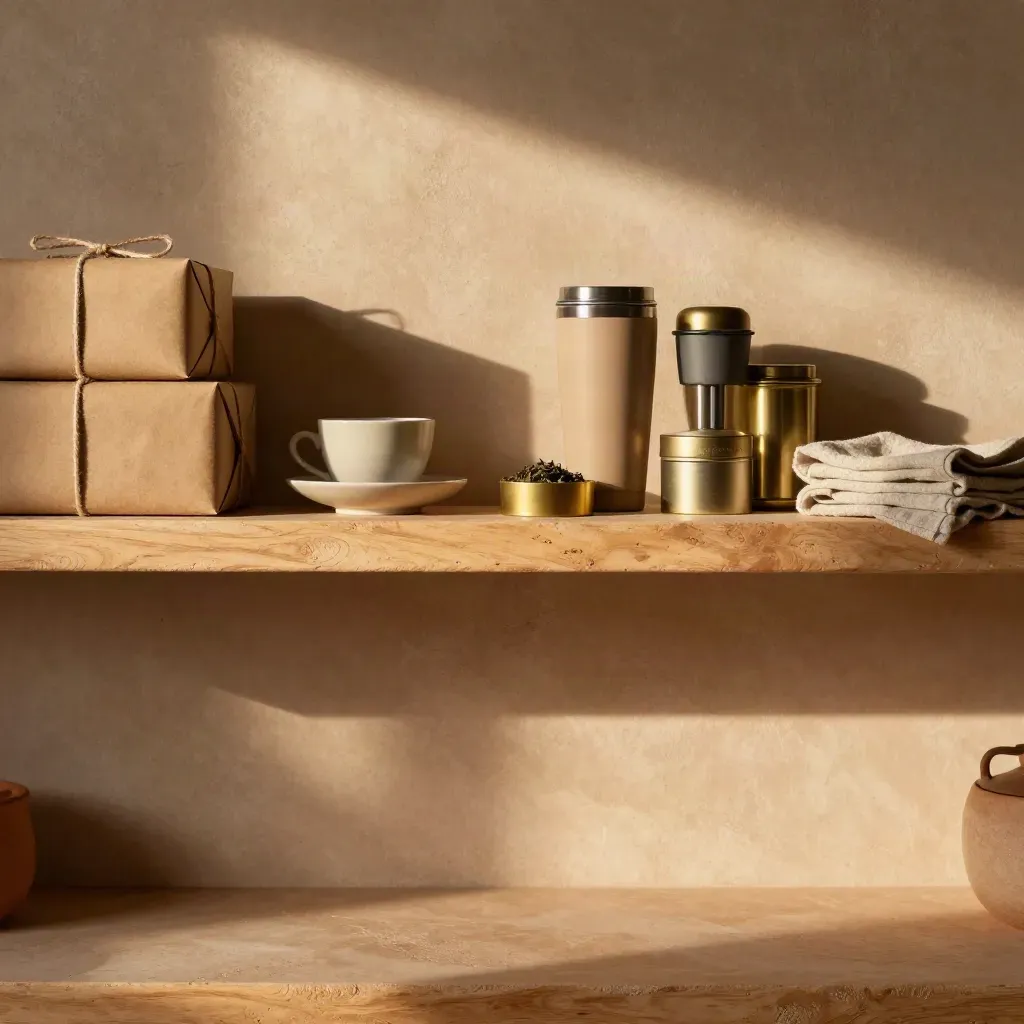 Gift boxes, cups, tumbler, and tea gear on a sunlit plaster shelf