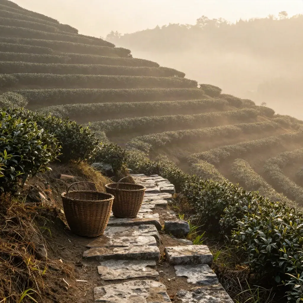 Misty tea terraces with stone steps and wicker baskets, dawn light, wide calm copy space below